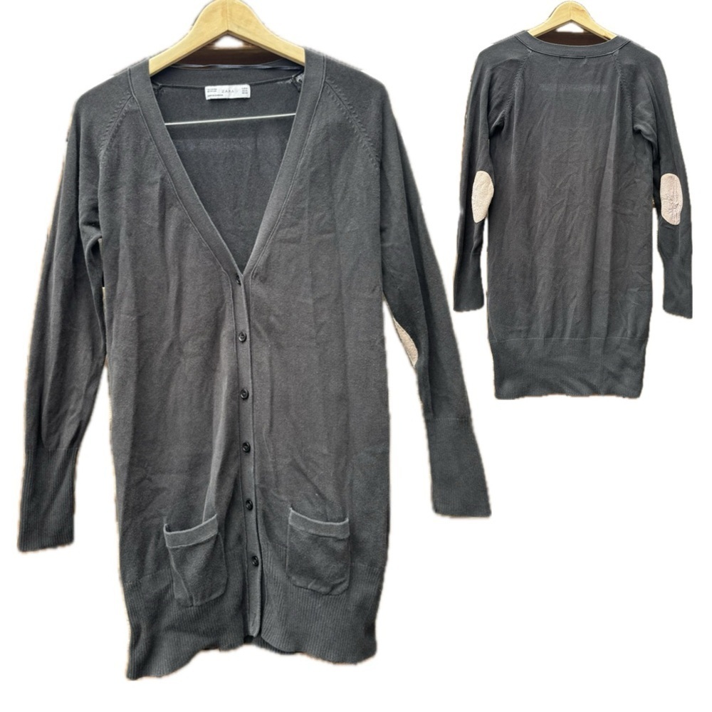 Zara Charcoal Black Long Cardigan Beige Elbow Patch Ladies Size Medium
